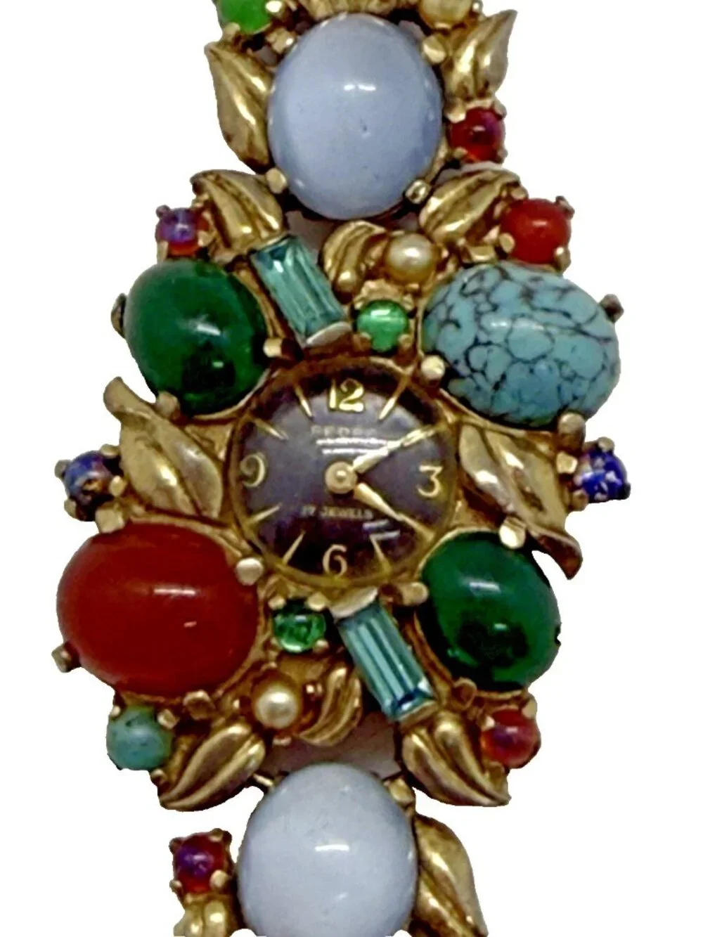 Vtg 1960's Pedre Multi Color Cabachon Rhinestones Gold Tone Watch 17 Jewel Mvmt